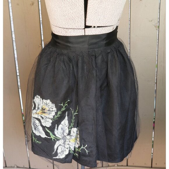 Vintage Apron Black Taffeta Hand Painted Iris Black Netting Half Apron 1950s - Picture 1 of 5